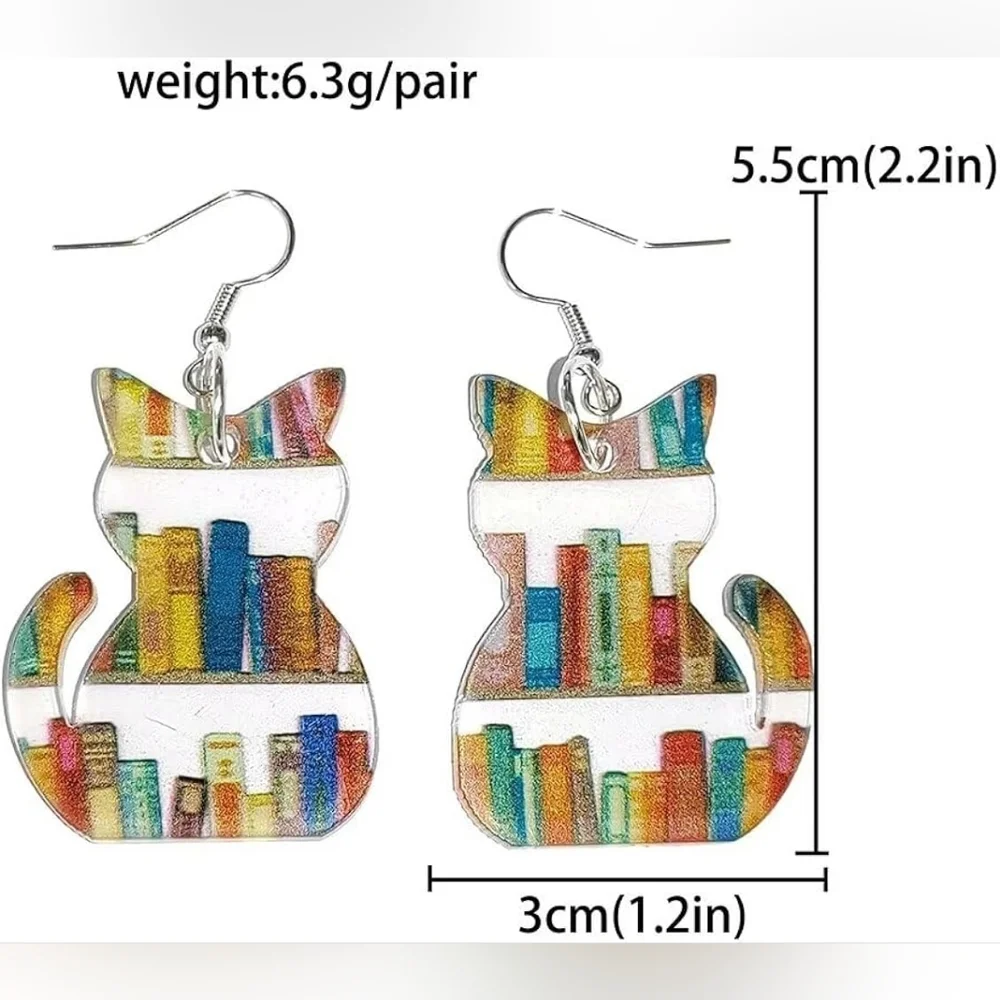 Colorful Acrylic Cat Bookcase Earrings Book Lover Cat Lover